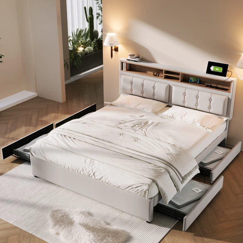 Lit double 140x200cm avec 4 tiroirs, tête de lit réglable, ports USB-C, tissu beige, sommier bois