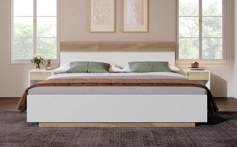 Lit double 140x200 cm bois chêne Sonoma/Blanc avec tête de lit flottante, sommier inclus, style moderne