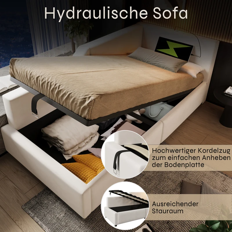 Lit banquette 90x200cm en velours beige avec rangement hydraulique, liseuse et USB-C