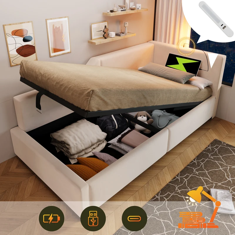 Lit banquette 90x200cm en velours beige avec rangement hydraulique, liseuse et USB-C