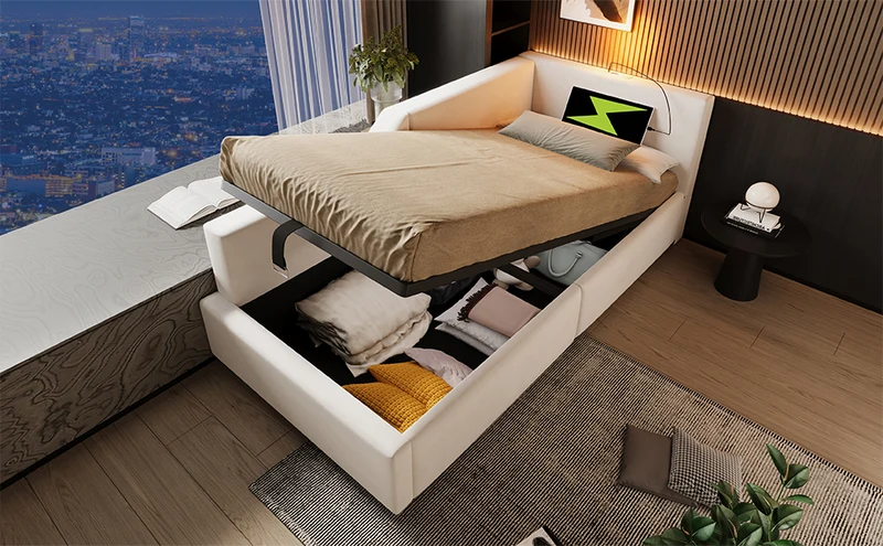 Lit banquette 90x200cm en velours beige avec rangement hydraulique, liseuse et USB-C