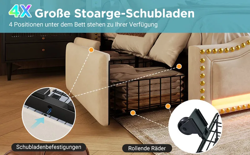 Lit double 140x200 en velours beige avec LED, 4 tiroirs, ports USB-C, tête de lit vintage, sans matelas