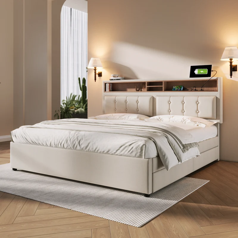 Lit double 160x200cm avec 4 tiroirs, tête de lit réglable, ports USB-C, tissu beige, sommier bois