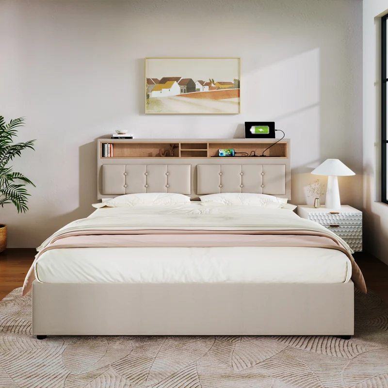 Lit double 160x200cm avec 4 tiroirs, tête de lit réglable, ports USB-C, tissu beige, sommier bois