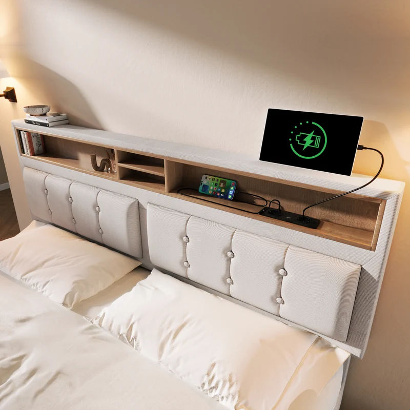 Lit double 160x200cm avec 4 tiroirs, tête de lit réglable, ports USB-C, tissu beige, sommier bois
