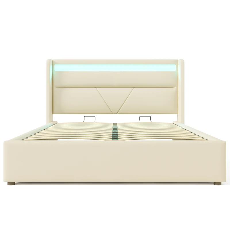 Lit coffre hydraulique 140x200cm blanc PU avec LED et télécommande – Design moderne, grand espace de rangement