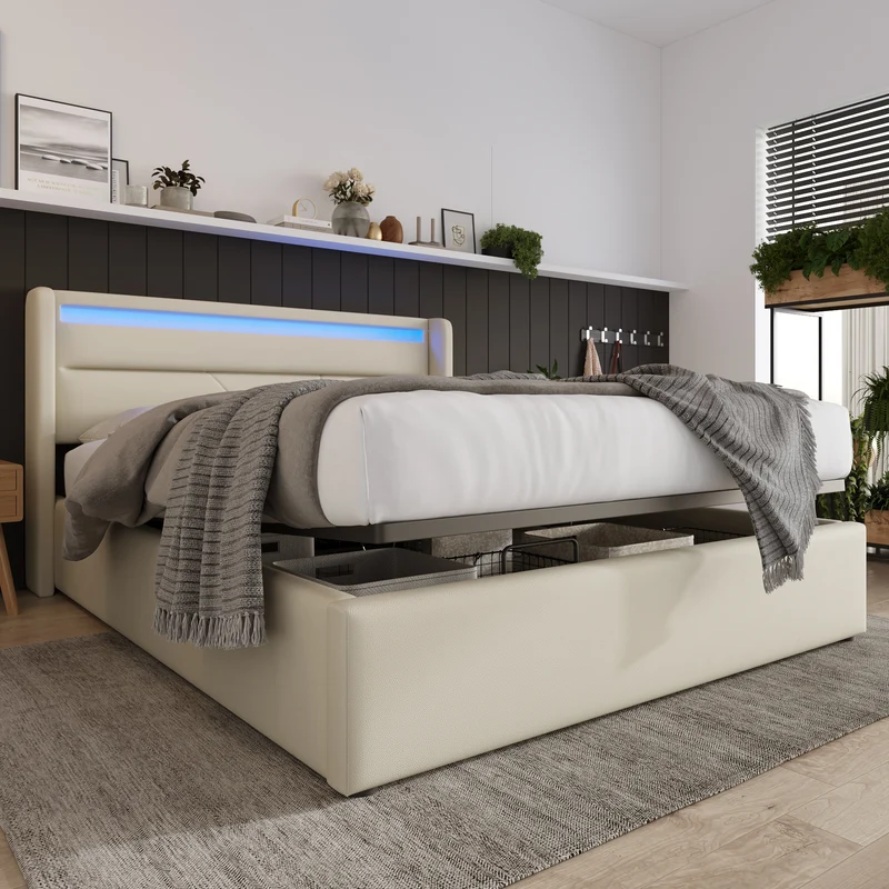 Lit coffre hydraulique 140x200cm blanc PU avec LED et télécommande – Design moderne, grand espace de rangement