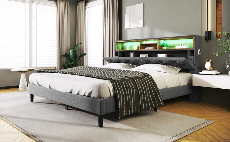 Lit double 140x200 cm avec rangement, tête de lit LED, bois massif, gris, style moderne