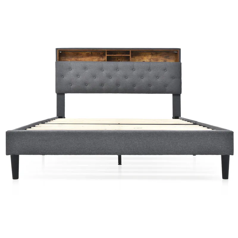 Lit double 140x200 cm avec rangement, tête de lit LED, bois massif, gris, style moderne