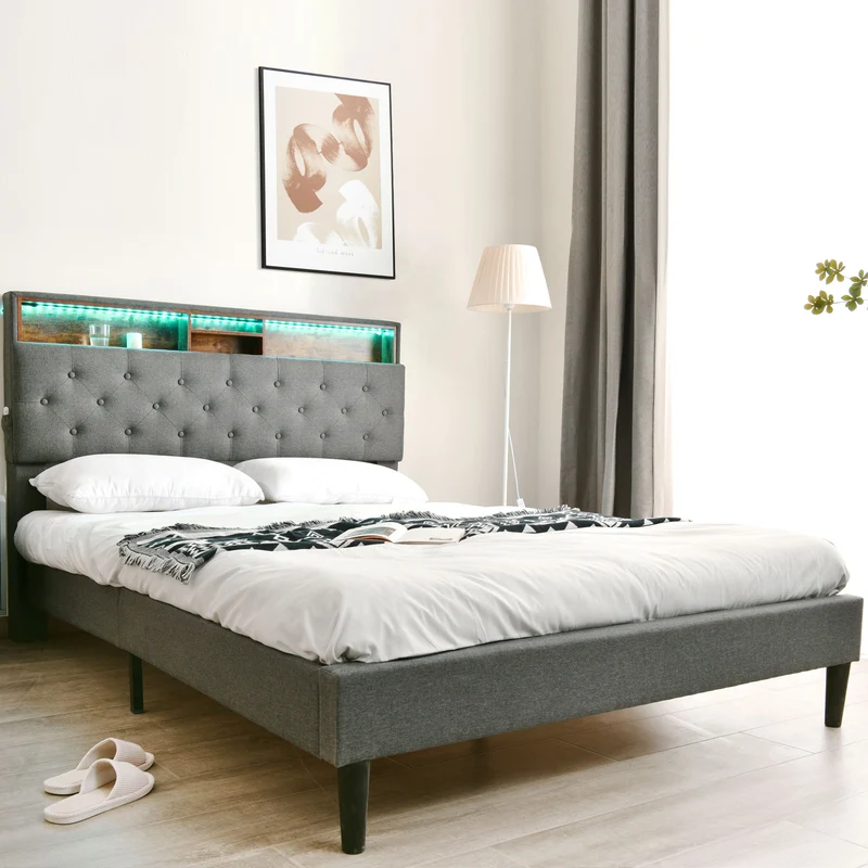 Lit double 140x200 cm avec rangement, tête de lit LED, bois massif, gris, style moderne