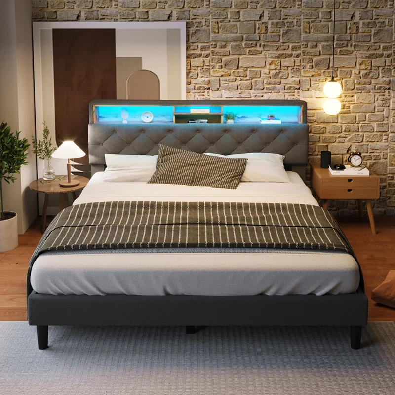 Lit double 140x200 cm avec rangement, tête de lit LED, bois massif, gris, style moderne