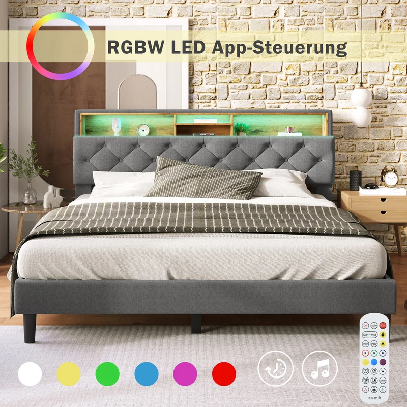 Lit double 140x200 cm avec rangement, tête de lit LED, bois massif, gris, style moderne