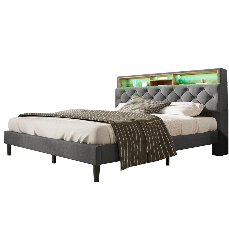 Lit double 140x200 cm avec rangement, tête de lit LED, bois massif, gris, style moderne
