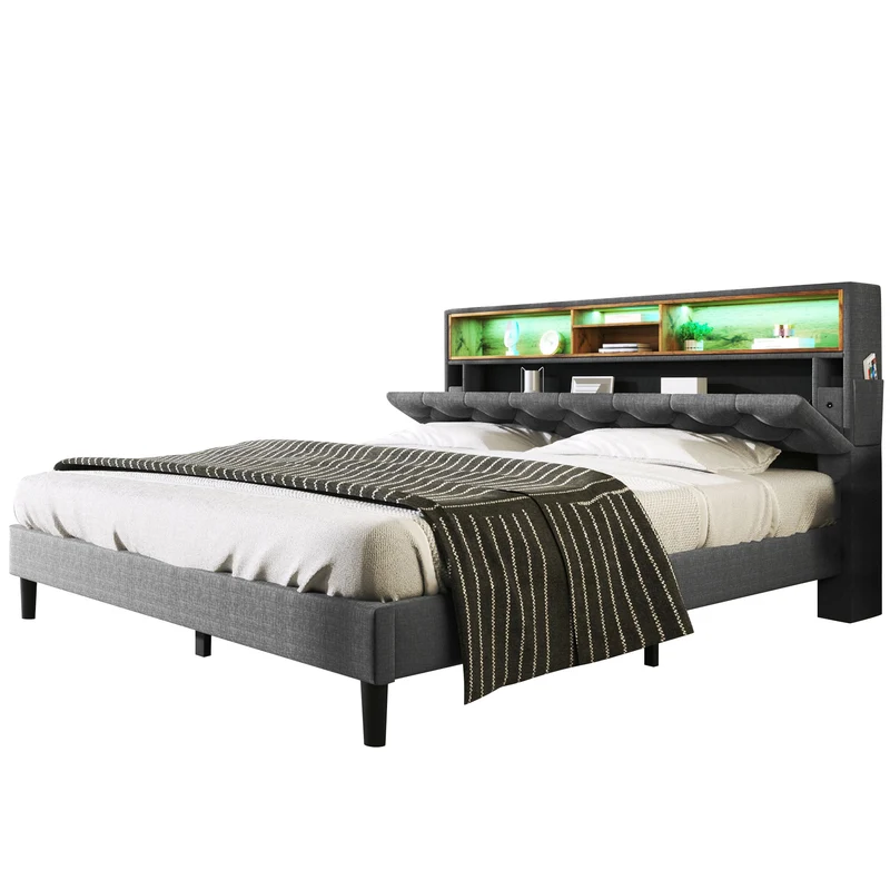 Lit double 140x200 cm avec rangement, tête de lit LED, bois massif, gris, style moderne