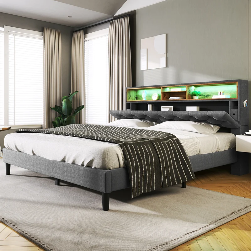 Lit double 140x200 cm avec rangement, tête de lit LED, bois massif, gris, style moderne