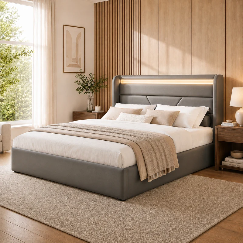 Lit coffre hydraulique 140x200cm gris avec LED et télécommande, cadre de lit rembourré moderne