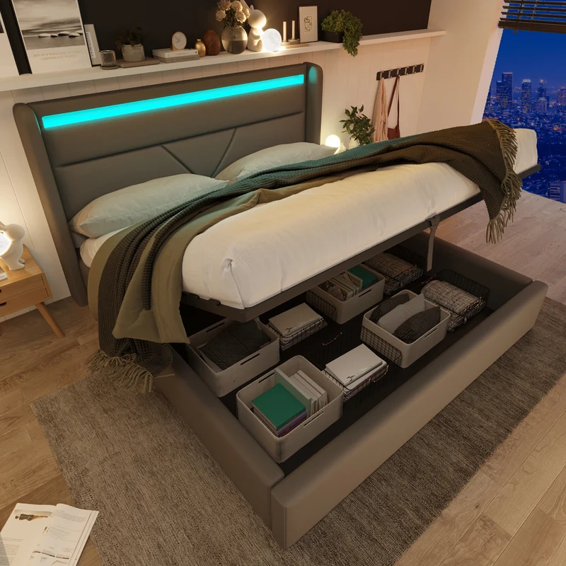 Lit coffre hydraulique 140x200cm gris avec LED et télécommande, cadre de lit rembourré moderne