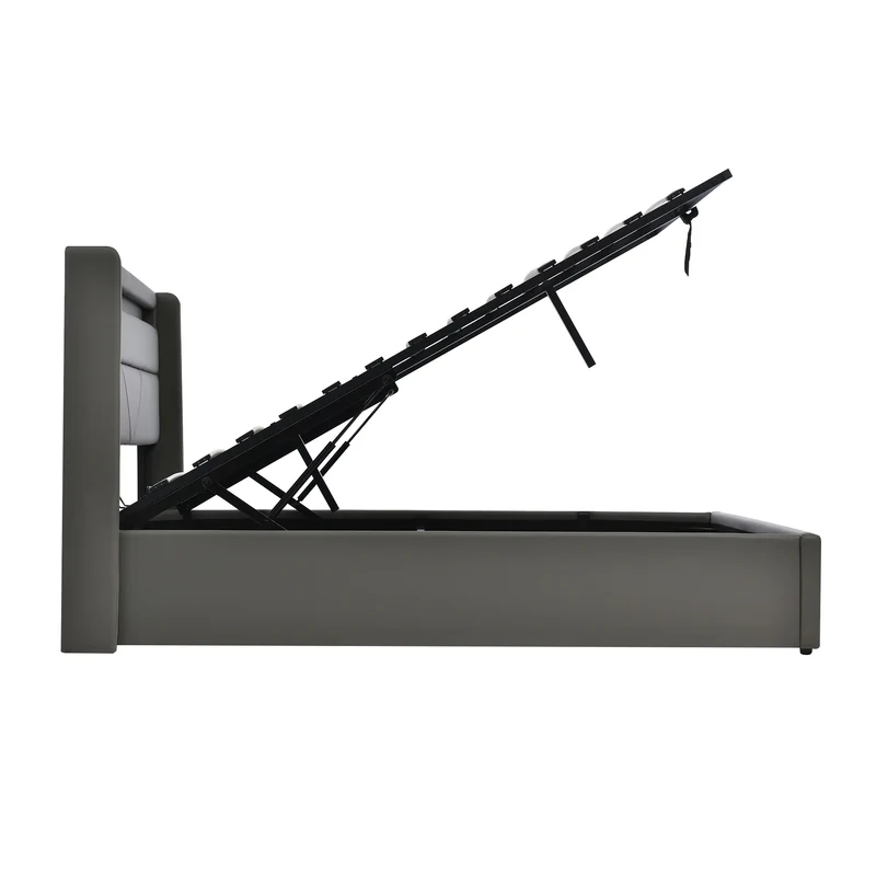 Lit coffre hydraulique 140x200cm gris avec LED et télécommande, cadre de lit rembourré moderne