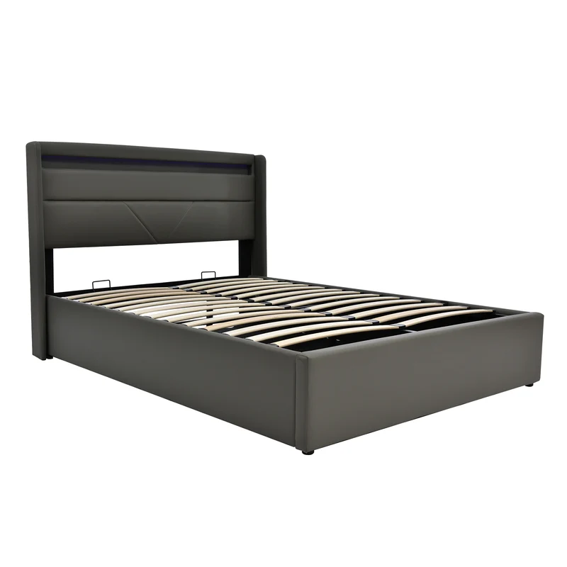 Lit coffre hydraulique 140x200cm gris avec LED et télécommande, cadre de lit rembourré moderne