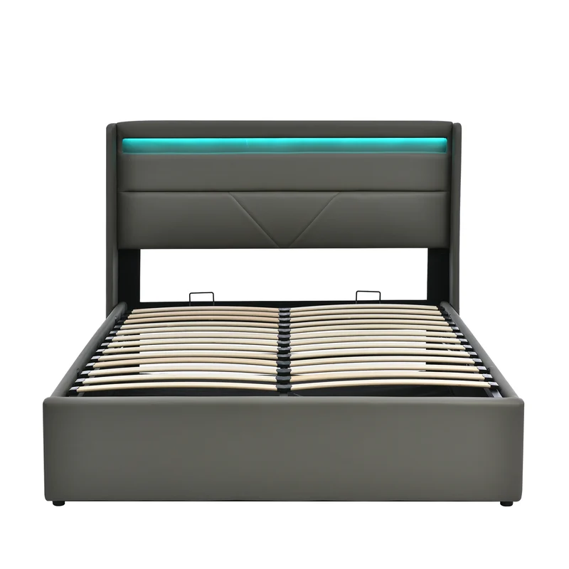 Lit coffre hydraulique 140x200cm gris avec LED et télécommande, cadre de lit rembourré moderne