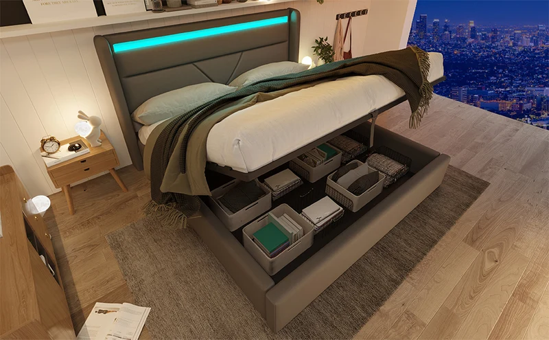 Lit coffre hydraulique 140x200cm gris avec LED et télécommande, cadre de lit rembourré moderne