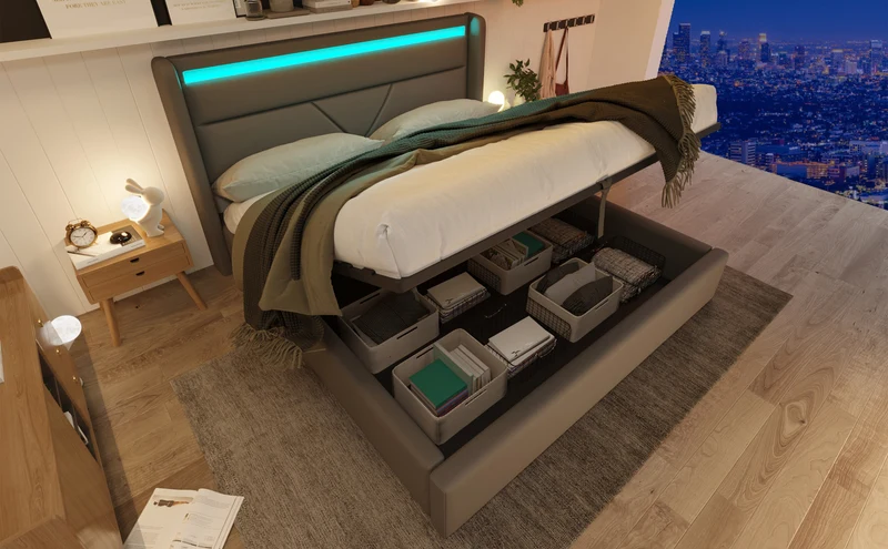 Lit coffre hydraulique 140x200cm gris avec LED et télécommande, cadre de lit rembourré moderne