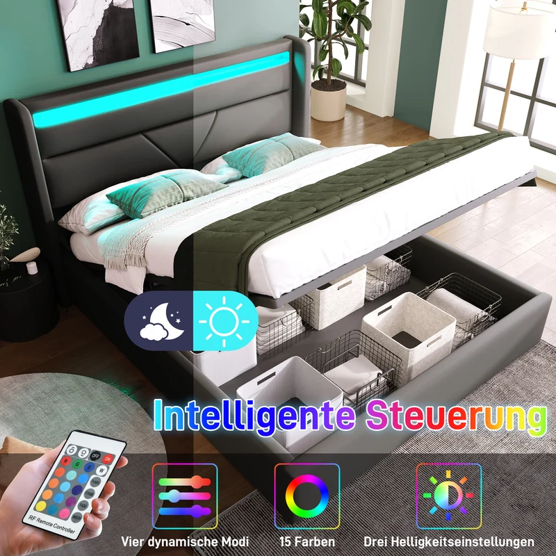 Lit coffre hydraulique 160x200cm gris avec LED et télécommande, cadre rembourré moderne