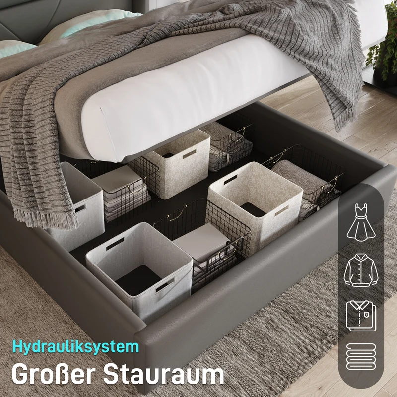 Lit coffre hydraulique 160x200cm gris avec LED et télécommande, cadre rembourré moderne