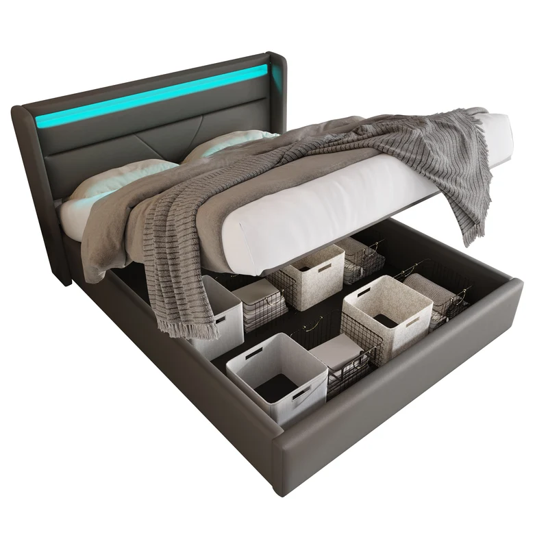 Lit coffre hydraulique 160x200cm gris avec LED et télécommande, cadre rembourré moderne