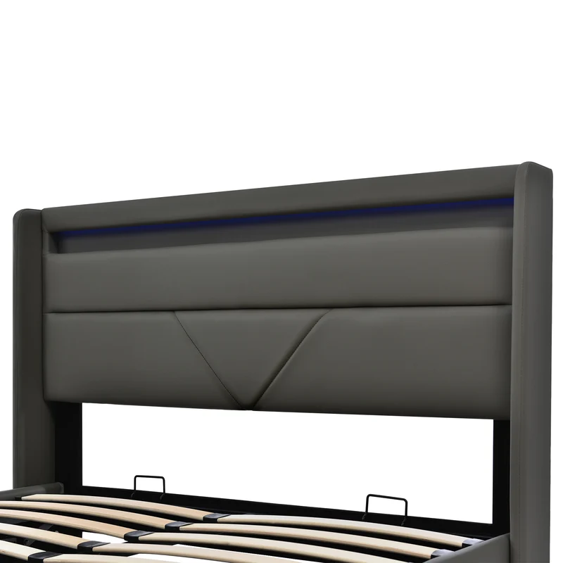 Lit coffre hydraulique 160x200cm gris avec LED et télécommande, cadre rembourré moderne