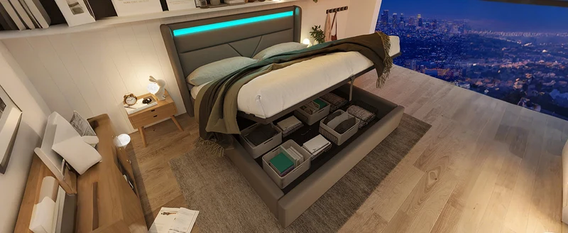 Lit coffre hydraulique 160x200cm gris avec LED et télécommande, cadre rembourré moderne