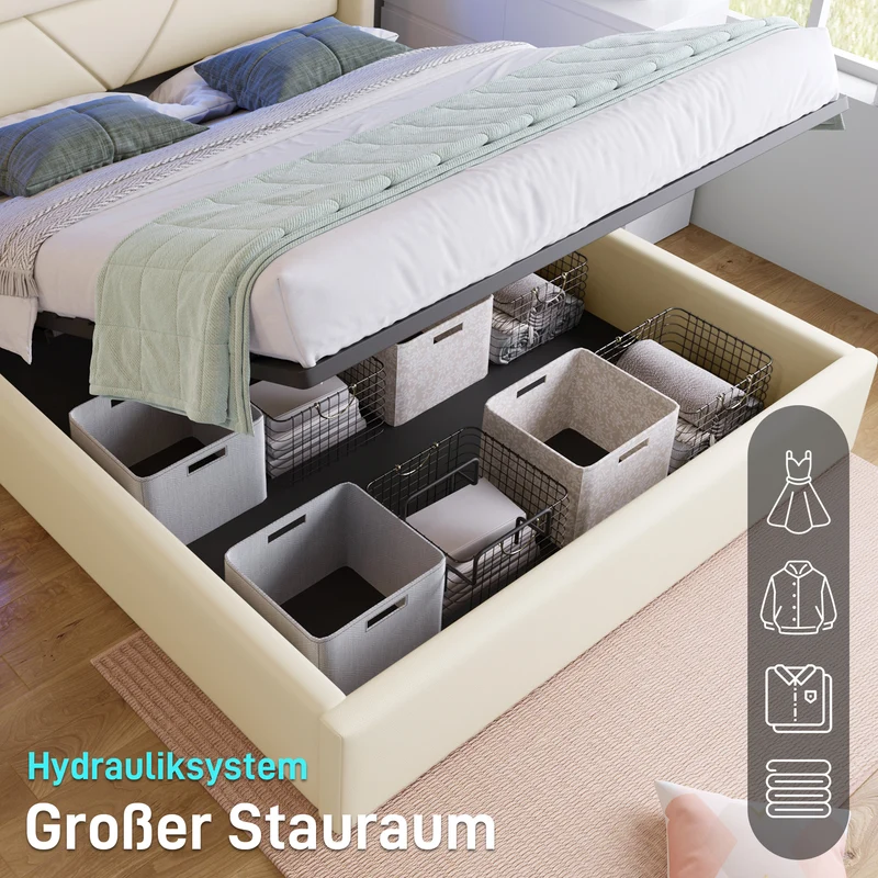 Lit coffre hydraulique 160x200cm blanc PU avec LED et télécommande, design moderne, grand espace de rangement