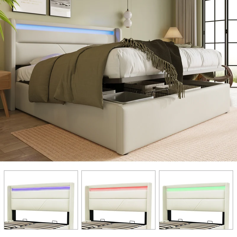 Lit coffre hydraulique 160x200cm blanc PU avec LED et télécommande, design moderne, grand espace de rangement