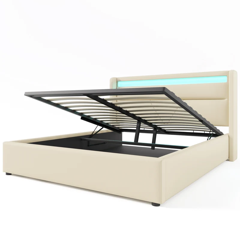 Lit coffre hydraulique 160x200cm blanc PU avec LED et télécommande, design moderne, grand espace de rangement