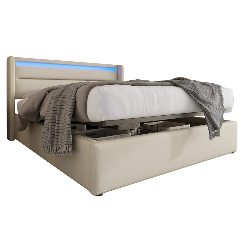 Lit coffre hydraulique 160x200cm blanc PU avec LED et télécommande, design moderne, grand espace de rangement