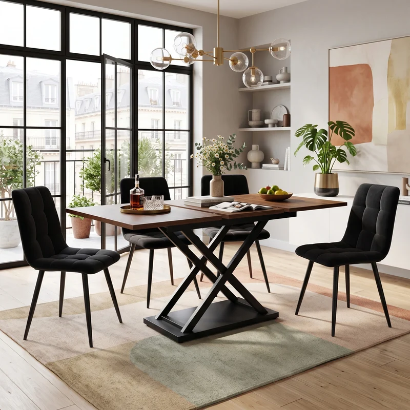 Ensemble table à manger extensible effet noyer et 4 chaises en velours noir LAMP ZONE