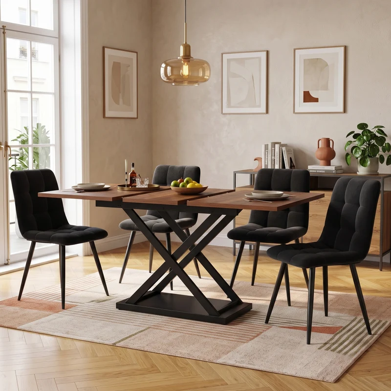 Ensemble table à manger extensible effet noyer et 4 chaises en velours noir LAMP ZONE