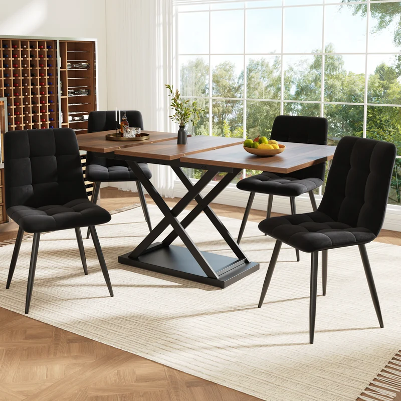 Ensemble table à manger extensible effet noyer et 4 chaises en velours noir LAMP ZONE