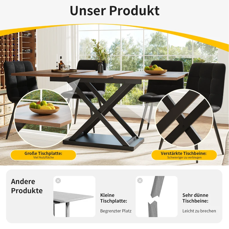Ensemble table à manger extensible effet noyer et 4 chaises en velours noir LAMP ZONE