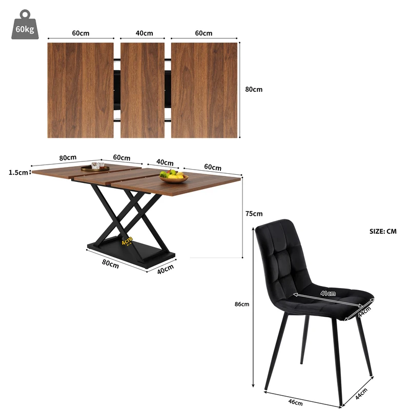 Ensemble table à manger extensible effet noyer et 4 chaises en velours noir LAMP ZONE