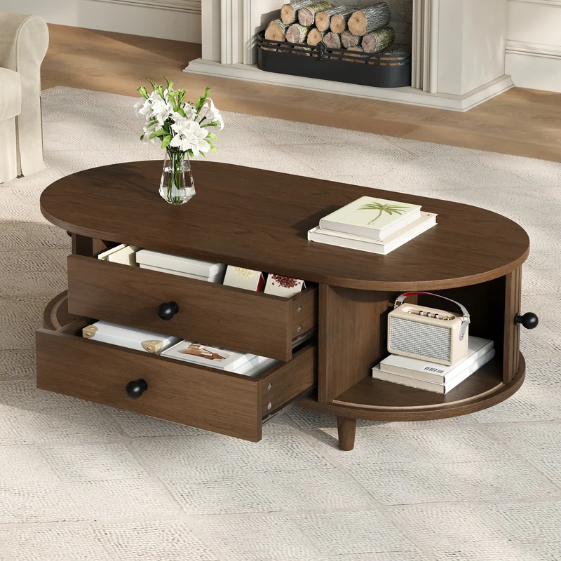 Table basse effet noyer avec portes coulissantes et tiroirs 100x50x36cm LAMP LITE
