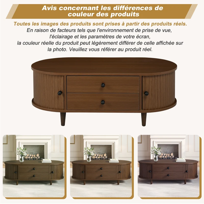 Table basse effet noyer avec portes coulissantes et tiroirs 100x50x36cm LAMP LITE