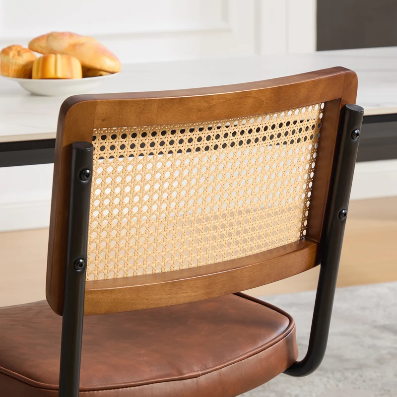 Lot de 2 chaises de salle à manger marron PU en cannage rotin, style breuer, structure acier chromé noir MINIMALISTMETALPLUS