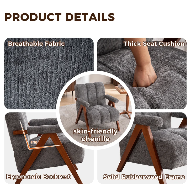 Fauteuil rétro en tissu bouclé gris avec pieds en chêne massif ITALIAN VANITY