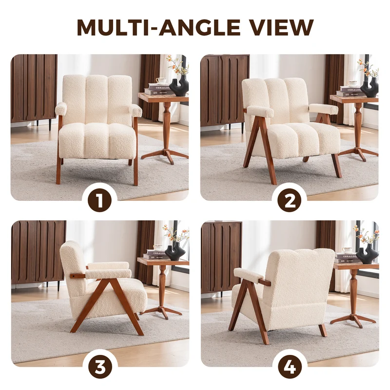 Fauteuil rétro en tissu bouclé beige avec pieds en chêne massif ITALIAN TABLE