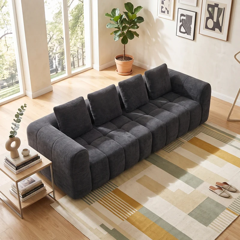 Canapé 4 places en velours gris foncé avec coussins tissu résistant et anti-taches FLOATING FABRIC LINE