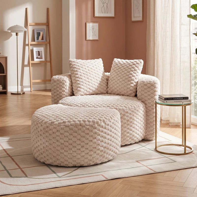 Fauteuil géant beige en fausse fourrure avec pouf assorti en demi-lune FLOATING GOLD PLUS