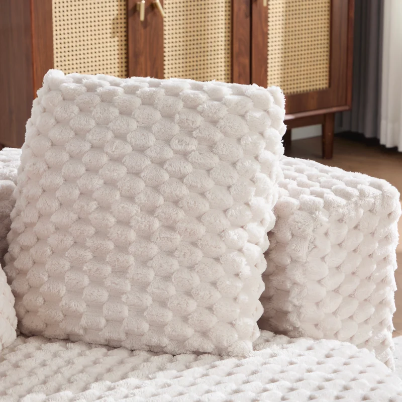 Fauteuil géant beige en fausse fourrure avec pouf assorti en demi-lune FLOATING GOLD PLUS