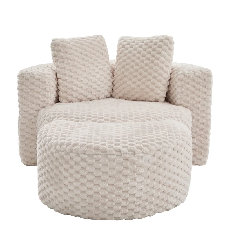 Fauteuil géant beige en fausse fourrure avec pouf assorti en demi-lune FLOATING GOLD PLUS