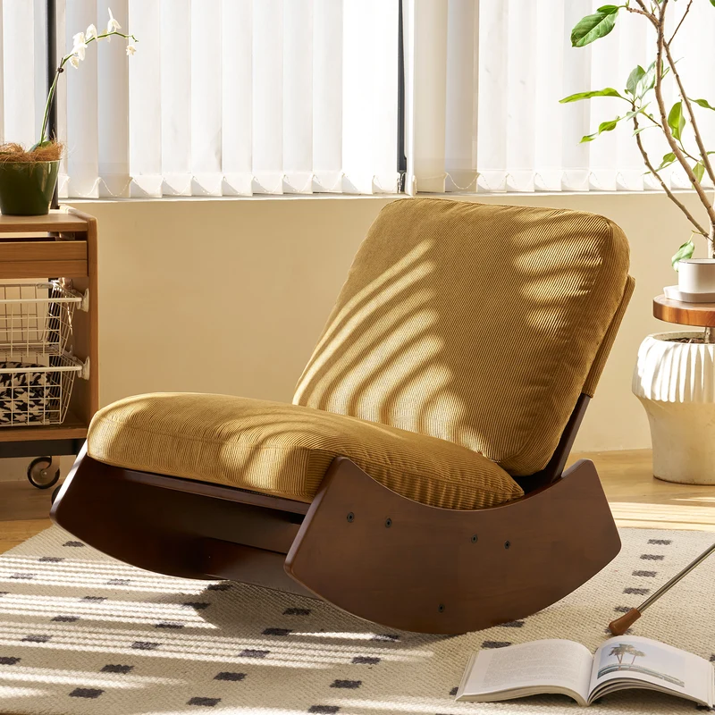 Fauteuil à bascule rétro en corduroy jaune, cadre en bois massif, nursery 90x61,5x71,9cm FLOATING CHERRY MAX